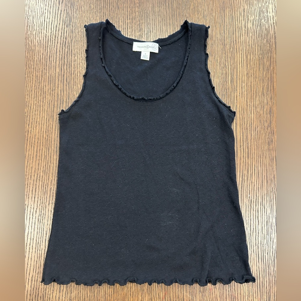 Treasure & Bond Black Ribbed Lettuce-Edge Tank
